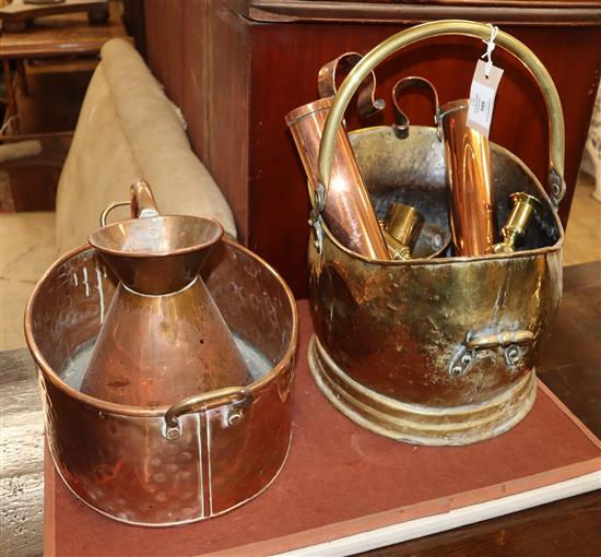 A Victorian copper jug and sundry copper and brassware